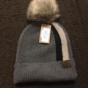Gray cc beanie with white and black line
